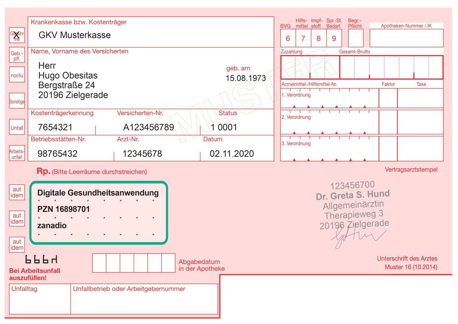 Muster-16-Kassenrezept, im Verordnungsfeld hervorgehoben: „Digitale Gesundheitsanwendung“, PZN 16898701, zanadio